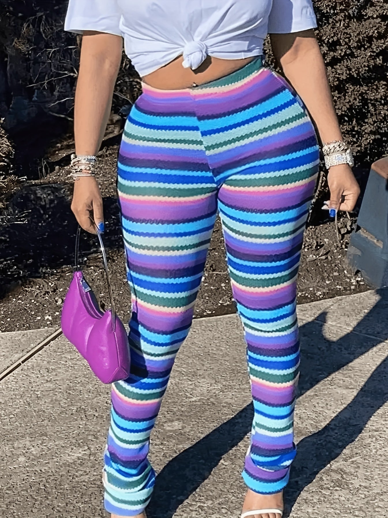 Colorful Striped Skinny Pants - Y2K High Waist Every Day Stretchy Pants - Women's Clothing - Stretchy Fabric - For Casual Wear - Perfect Gift for Fashionable Women