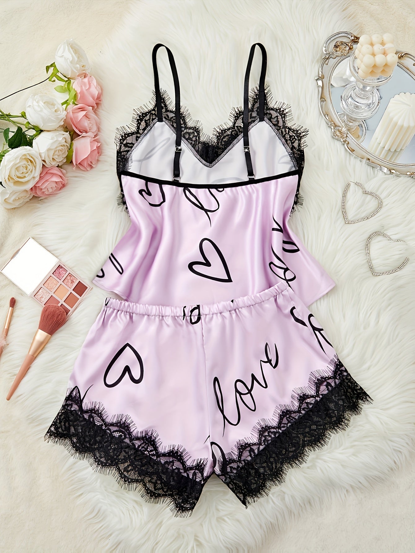Women's Heart & Letter Print Lace Trim Elegant Satin Pajama Set, V Neck Backless Cami Top & Shorts, Comfortable Relaxed Fit, Summer Nightwear