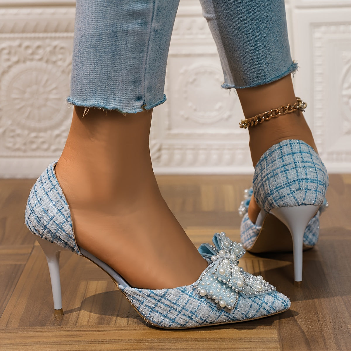 Women's Shallow Pointed Blue Bow Pearl Hollow High Heels Stiletto Fairy Style - For Spring & Autumn - Professional Work Shoes - Perfect Gift for Women