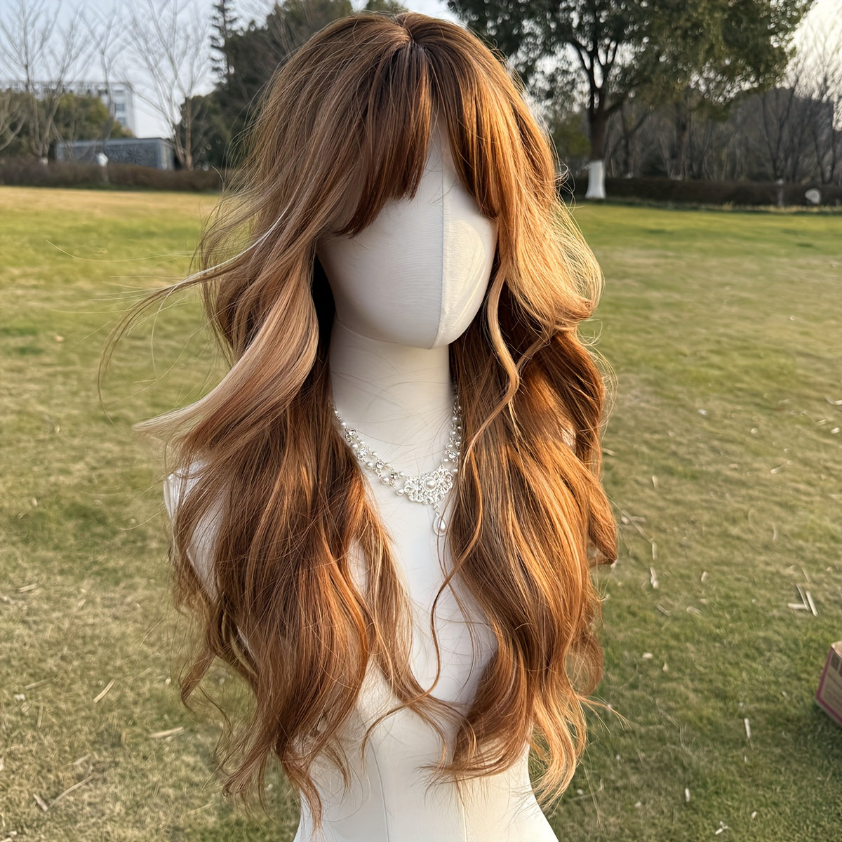 Pick Dyed Long Curly Wavy Wig With Bangs Synthetic Wig Beginners Friendly Heat-resistant Elegant Daily Use Female Wig.