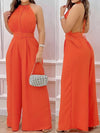 Women's Elegant Halter Neck Backless Jumpsuit - Vibrant Orange Wide-Leg Romper with Belt, Machine Washable Spring/Summer Casual Outfit, Summer Fashion | No Stretch Fabric, Ladies Rompers And Jumpsuits
