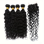 4 Bundles Water Wave Human Hair with 4x4 Lace Closure - 100% Virgin Remy Hair, Unprocessed Curly Wet and Wavy Weave for Natural Look, Includes Frontal Closure, Perfect for All Ethnicities