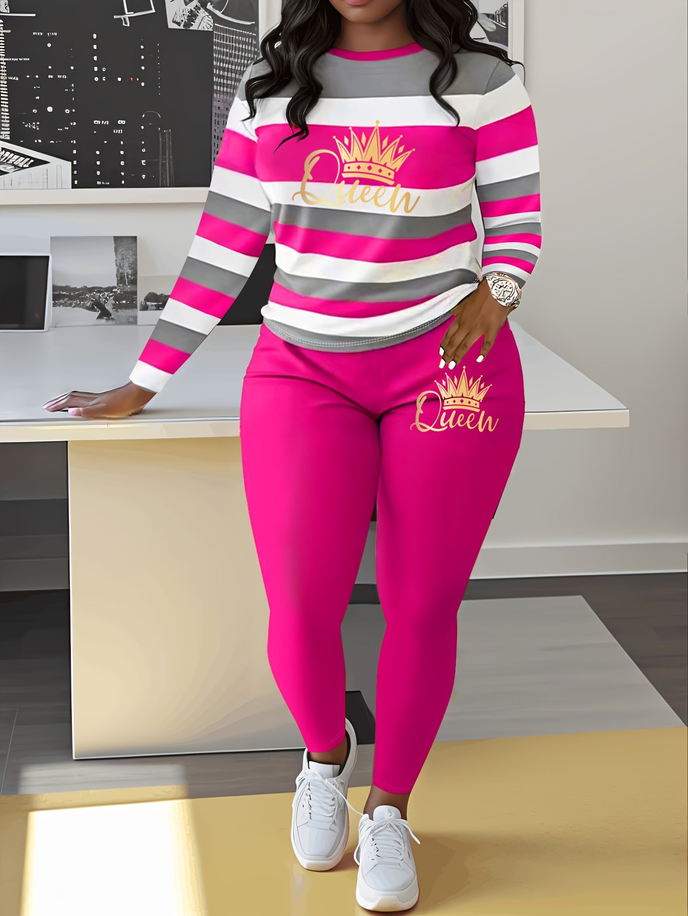 Women's Striped Crown Print Casual Tracksuit Set - Polyester & Elastane Knit Crew Neck Long Sleeve Top with Pants, No Belt - Fall/Winter Cozy Loungewear Suit (1 Top + 1 Pants)