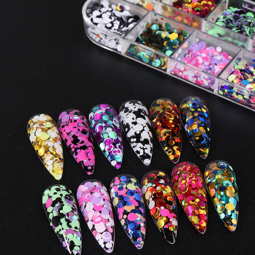 12 Grid Round Nail Glitter Sheets