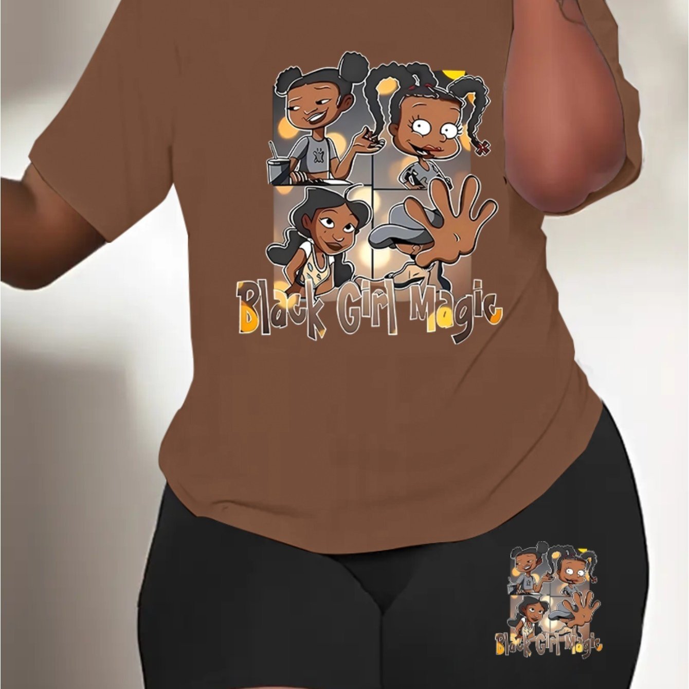 Women's casual cartoon print, polyester knit T-shirt and shorts leggings set, crewneck short sleeves, regular fit, all seasons