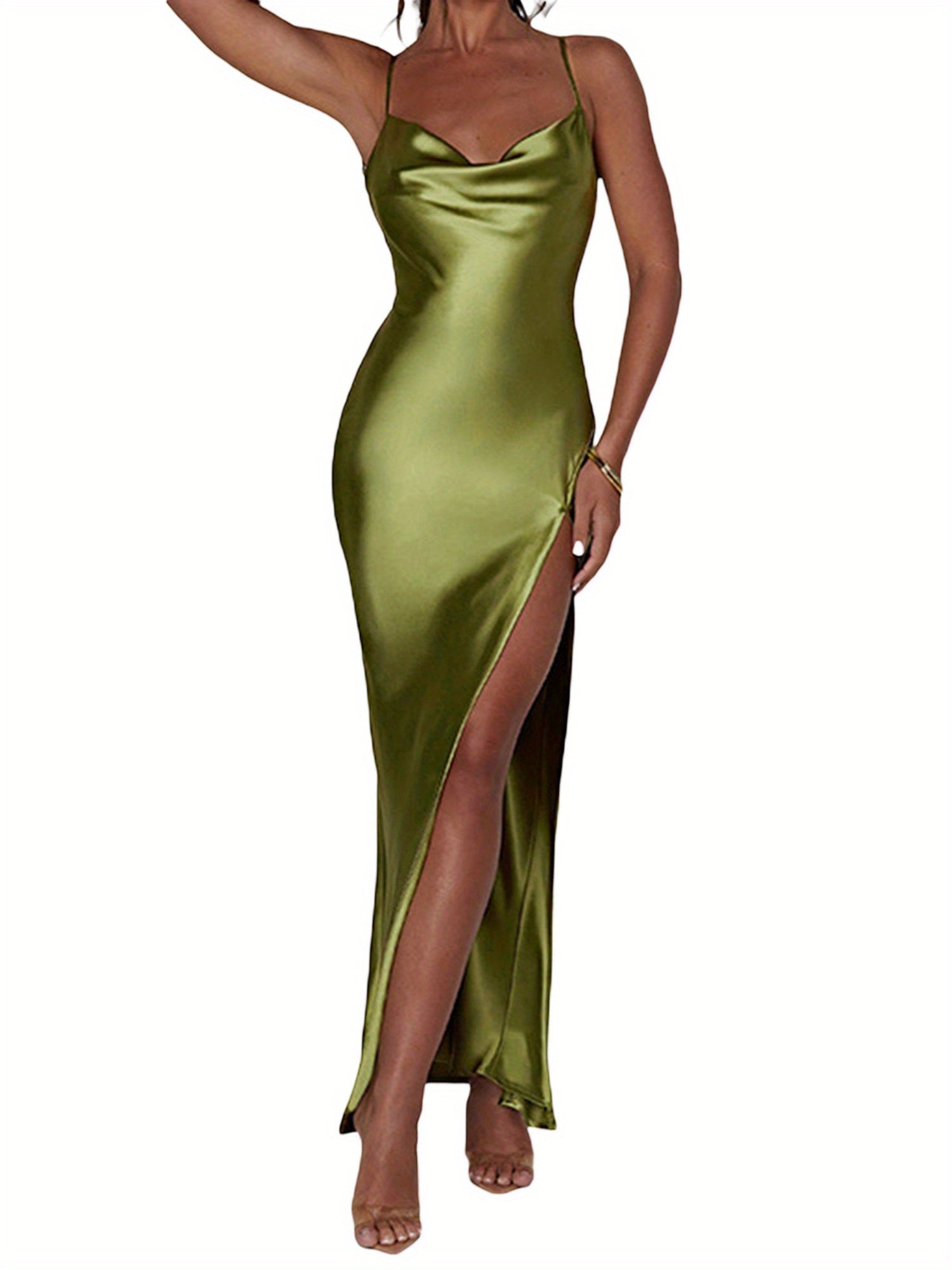 Elegant Women's Satin Bodycon Long Dress with Spaghetti Straps & Cowl Neck, High Split Midi Party Dress - Polyester, Solid Color, Machine Washable, Perfect for Weddings, Proms, and Formal Events, Dresses Elegant Formal