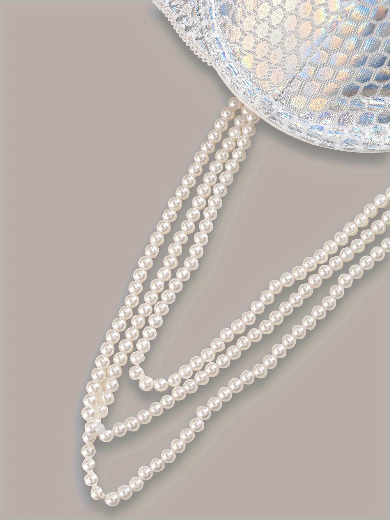 Faux Pearl Chain Detail Bra, Shiny Geo Pattern Bra, Women's Sexy Lingerie & Underwear