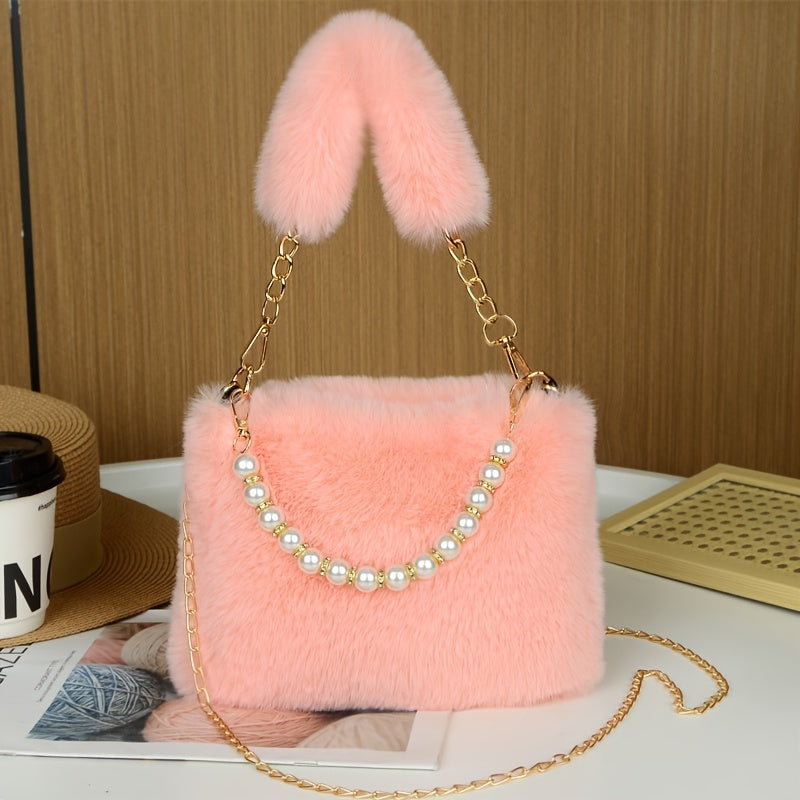 Faux Fur Shoulder Bag with Chain Strap, Synthetic Solid Color Handbag, Zipper Closure, Unlined, Non-Washable - Fashionable Mini Square Purse for Women