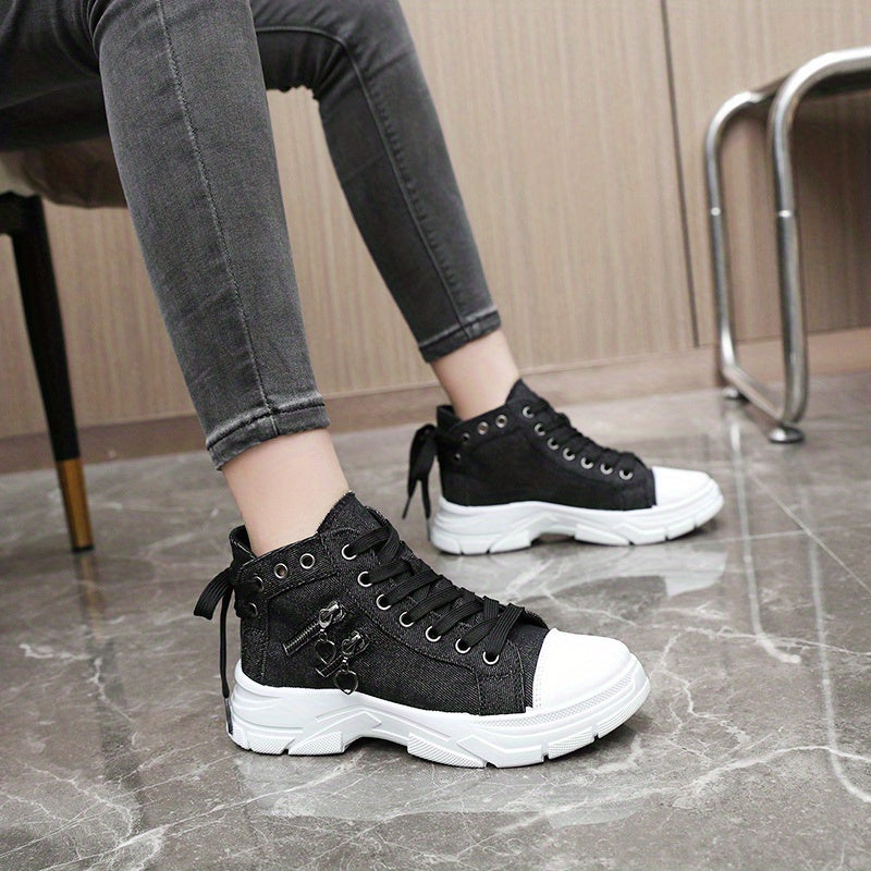 Women’s High Top Sneakers – Lace-Up Casual Sports Shoes with Side Zipper, Plus Size, Breathable Fabric Upper, All-Season Street Style Trainers