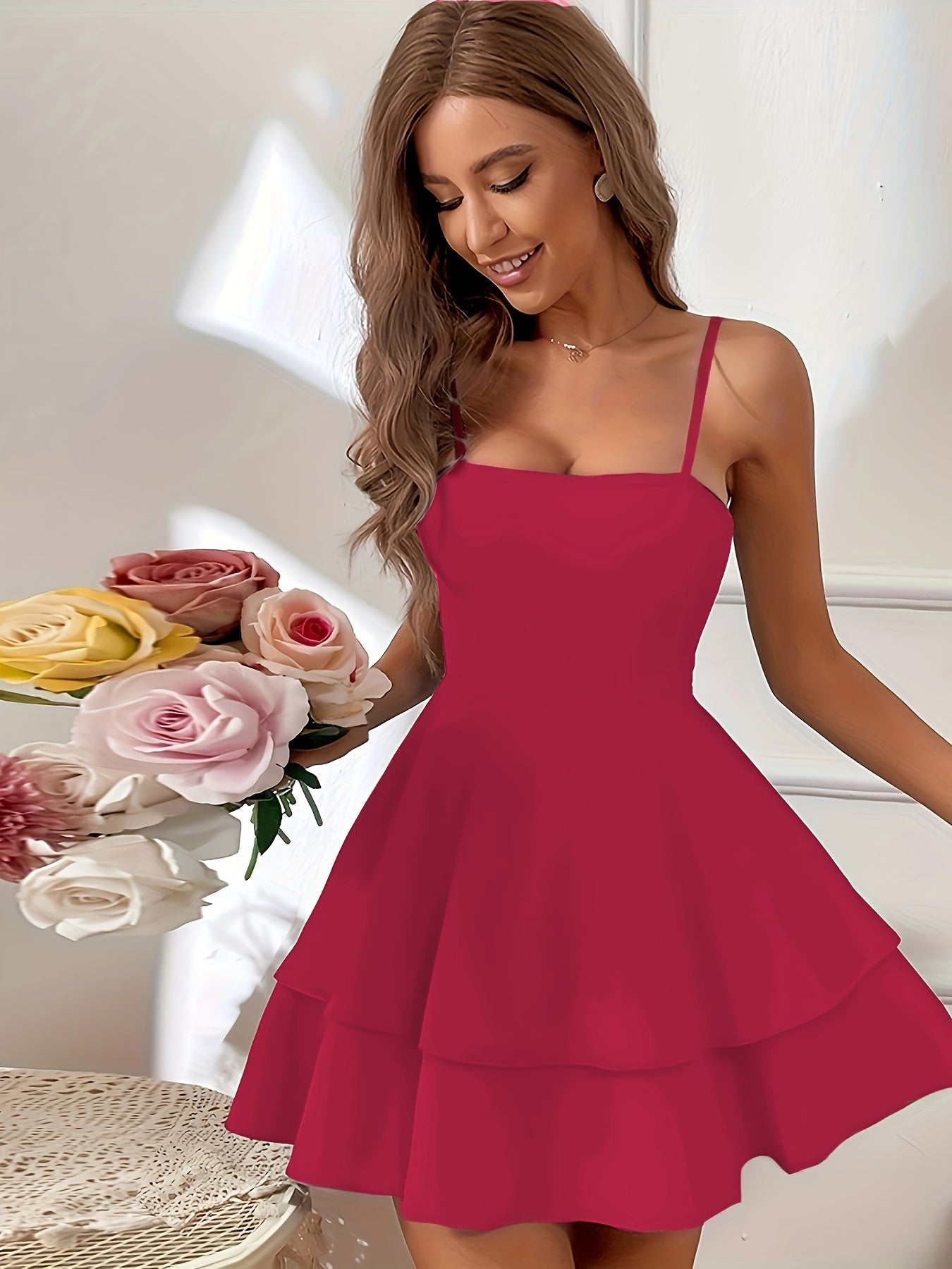 Bow Back Layered Ruffle Hem Cami Dress, Elegant Square Neck Sleeveless Spaghetti Strap Dress For Spring & Summer, Women's Clothing
