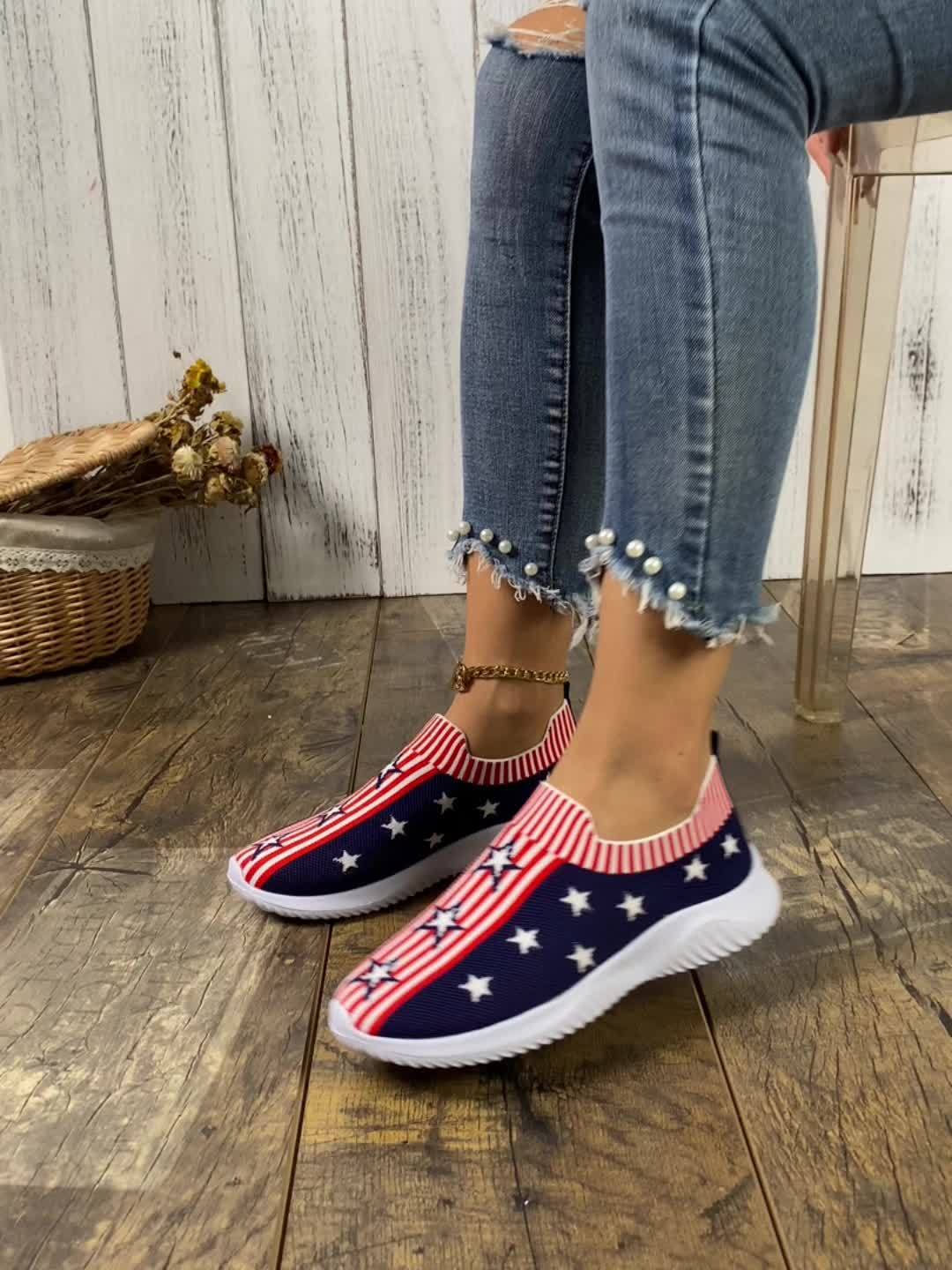Star & Stripe Breathable Walking Sneakers - Women's All-Season Fashion Shoes, Soft Sole & Lightweight for Independence Day