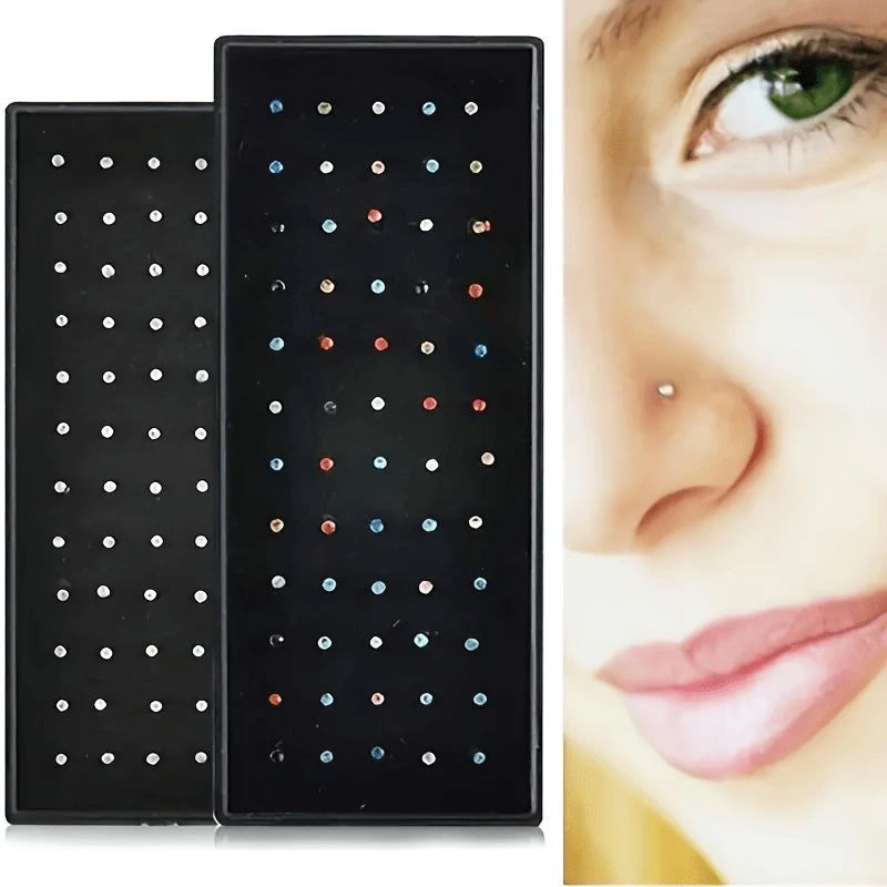 60pcs/set Fashion Rhinestone Nose Studs, Women's Daily Wear Stainless Steel Nose Ring, Holiday Banquet Jewelry Accessories