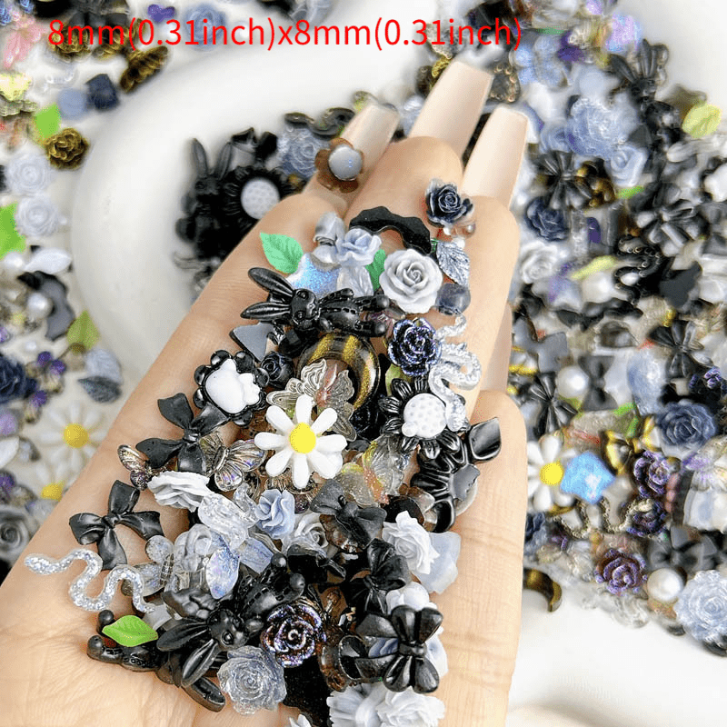 50pcs Mixed Style Nail Art Accessories, Rose Flower Charms, Small Floral Buds, Pearls, Bowknots, Leaves Embellishments For Nail Decoration