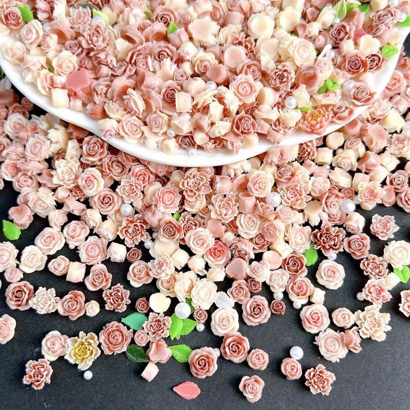 50pcs Mixed Style Nail Art Accessories, Rose Flower Charms, Small Floral Buds, Pearls, Bowknots, Leaves Embellishments For Nail Decoration