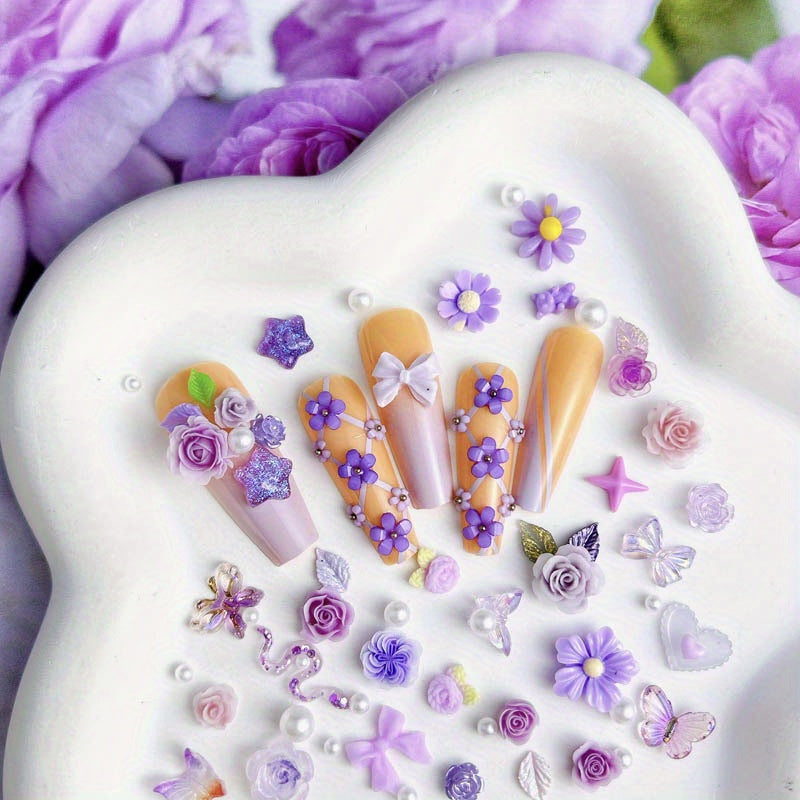 50pcs Mixed Style Nail Art Accessories, Rose Flower Charms, Small Floral Buds, Pearls, Bowknots, Leaves Embellishments For Nail Decoration