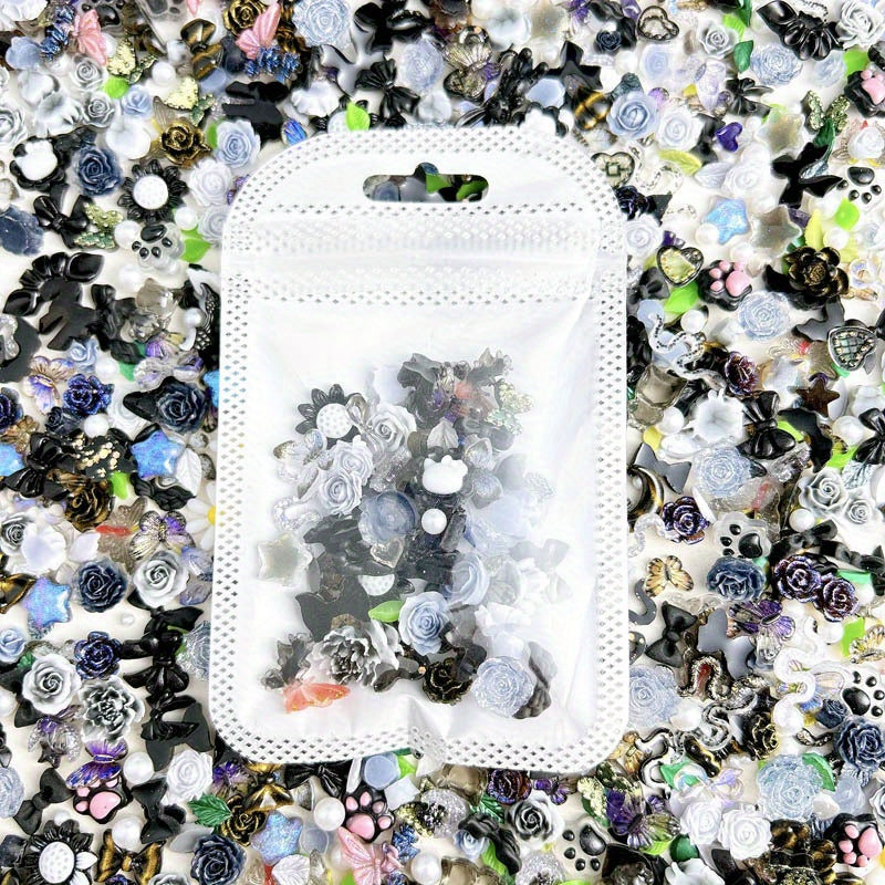 50pcs Mixed Style Nail Art Accessories, Rose Flower Charms, Small Floral Buds, Pearls, Bowknots, Leaves Embellishments For Nail Decoration