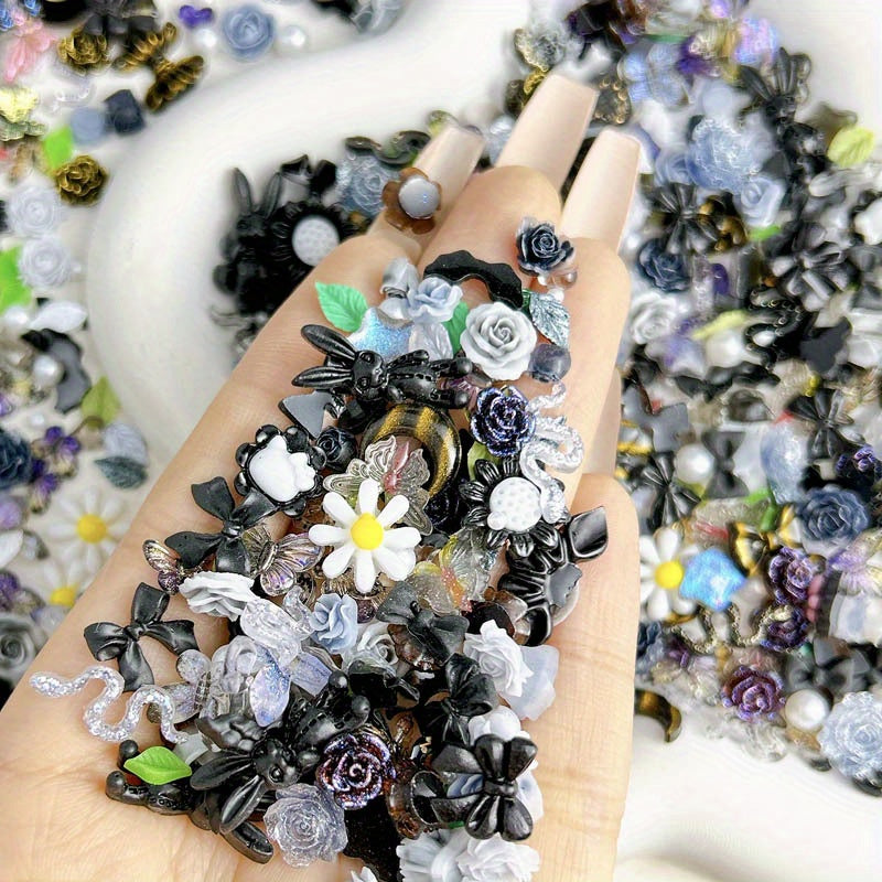 50pcs Mixed Style Nail Art Accessories, Rose Flower Charms, Small Floral Buds, Pearls, Bowknots, Leaves Embellishments For Nail Decoration