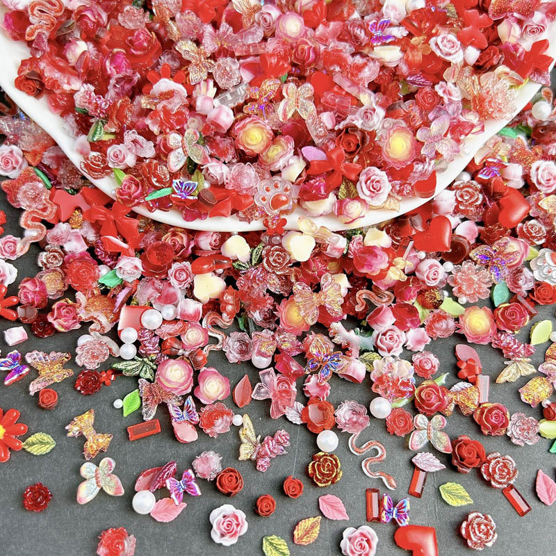 50pcs Mixed Style Nail Art Accessories, Rose Flower Charms, Small Floral Buds, Pearls, Bowknots, Leaves Embellishments For Nail Decoration