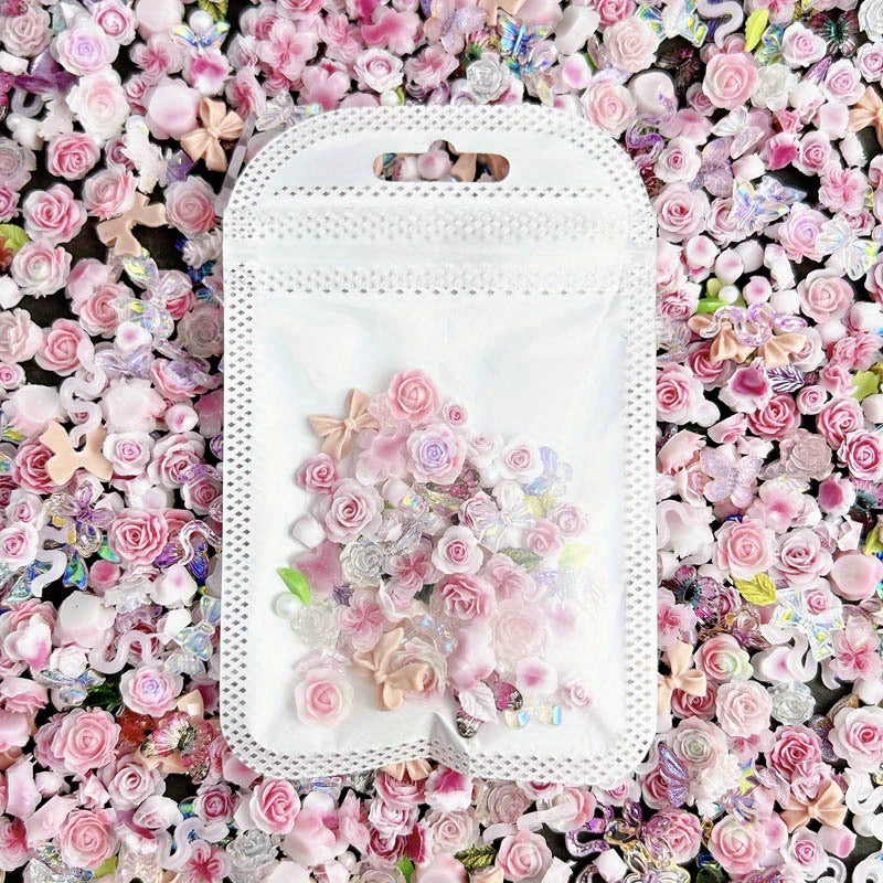 50pcs Mixed Style Nail Art Accessories, Rose Flower Charms, Small Floral Buds, Pearls, Bowknots, Leaves Embellishments For Nail Decoration