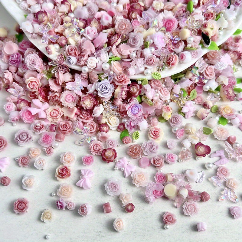 50pcs Mixed Style Nail Art Accessories, Rose Flower Charms, Small Floral Buds, Pearls, Bowknots, Leaves Embellishments For Nail Decoration