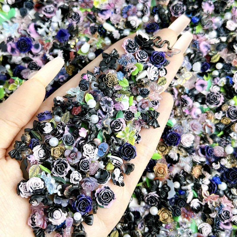 50pcs Mixed Style Nail Art Accessories, Rose Flower Charms, Small Floral Buds, Pearls, Bowknots, Leaves Embellishments For Nail Decoration