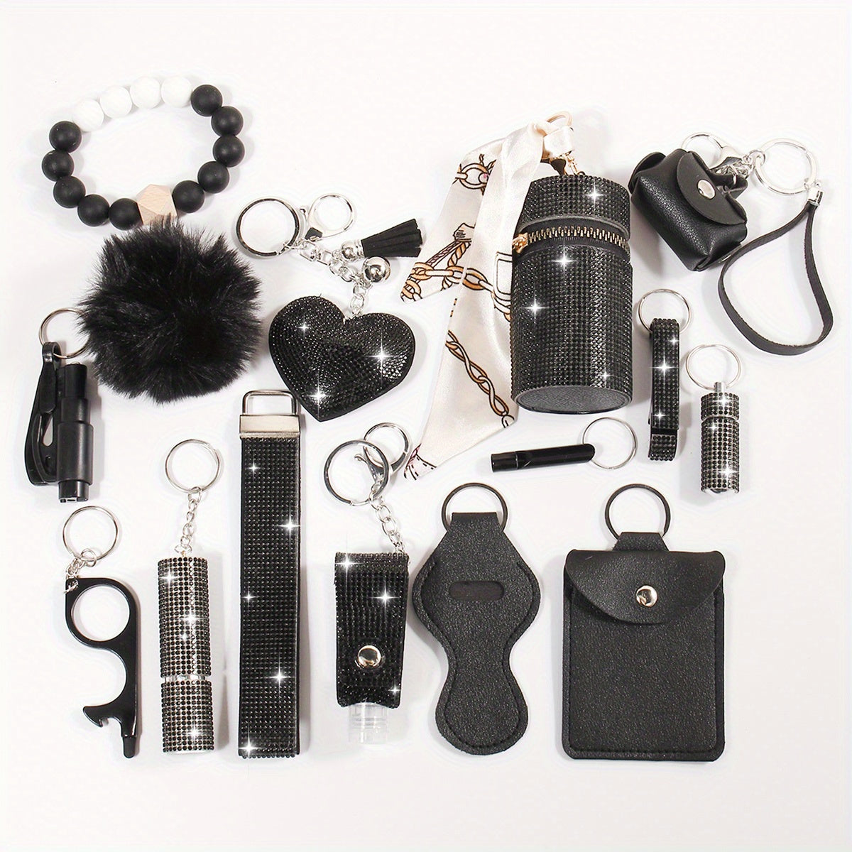 15pcs Rhinestone Safety Keychain Set for Women, Wristlet Keyring with Storage Pouch & Pom Pom Card Holder Accessories Kit