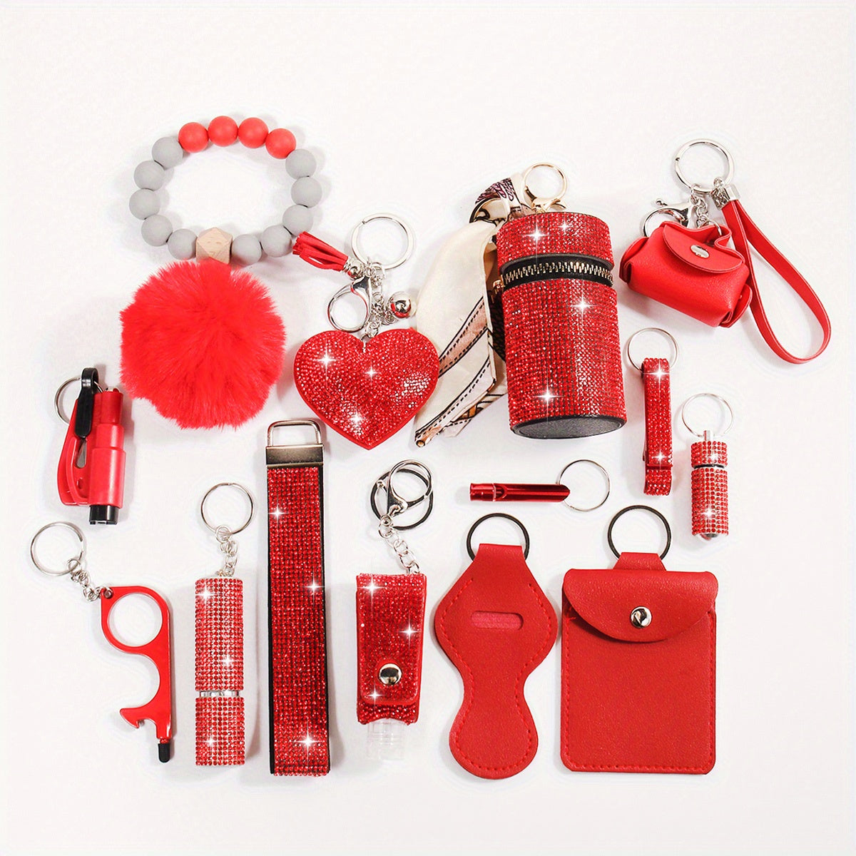 15pcs Rhinestone Safety Keychain Set for Women, Wristlet Keyring with Storage Pouch & Pom Pom Card Holder Accessories Kit