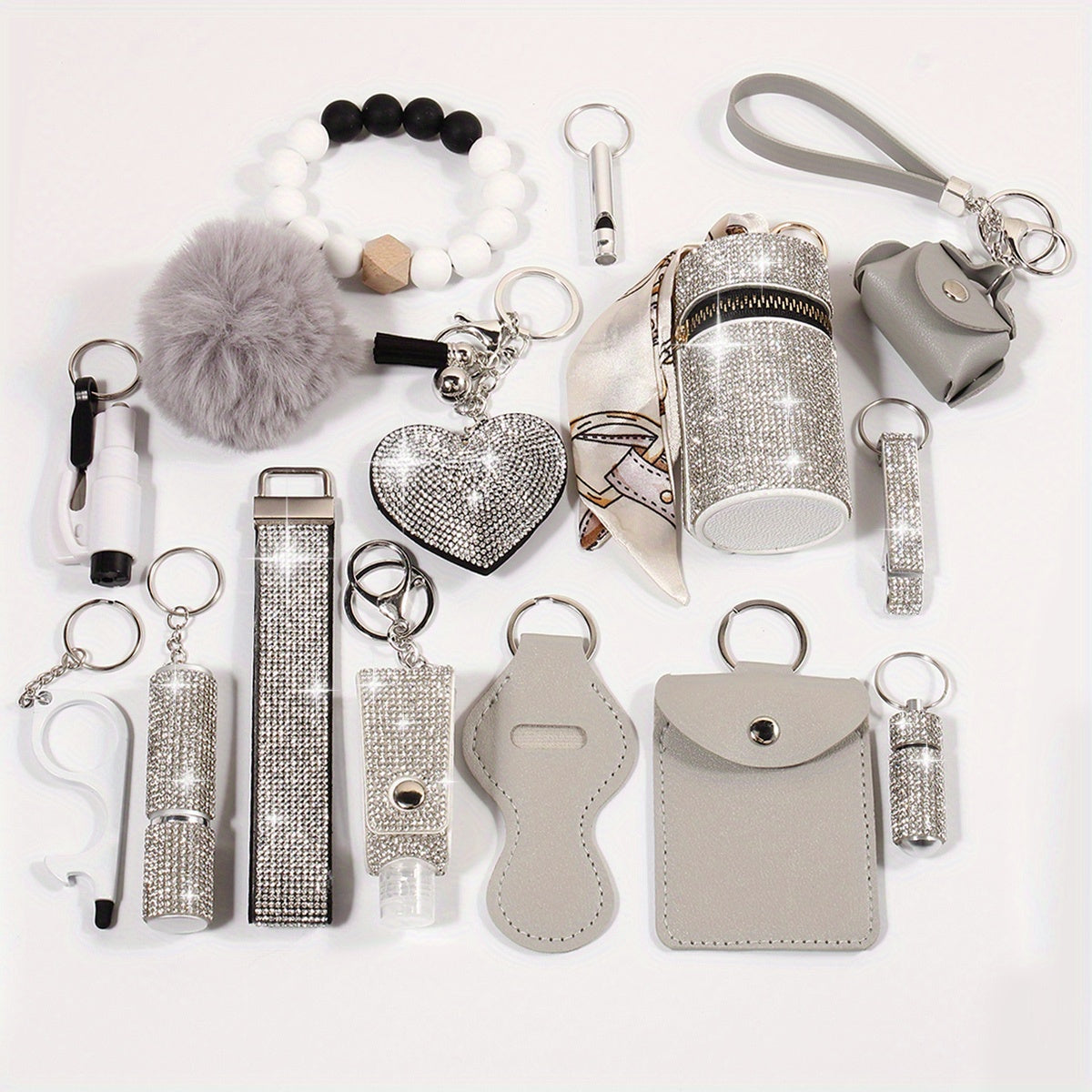 15pcs Rhinestone Safety Keychain Set for Women, Wristlet Keyring with Storage Pouch & Pom Pom Card Holder Accessories Kit