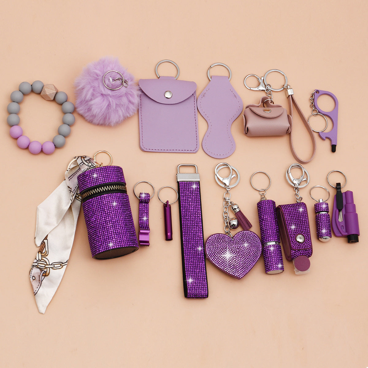 15pcs Rhinestone Safety Keychain Set for Women, Wristlet Keyring with Storage Pouch & Pom Pom Card Holder Accessories Kit