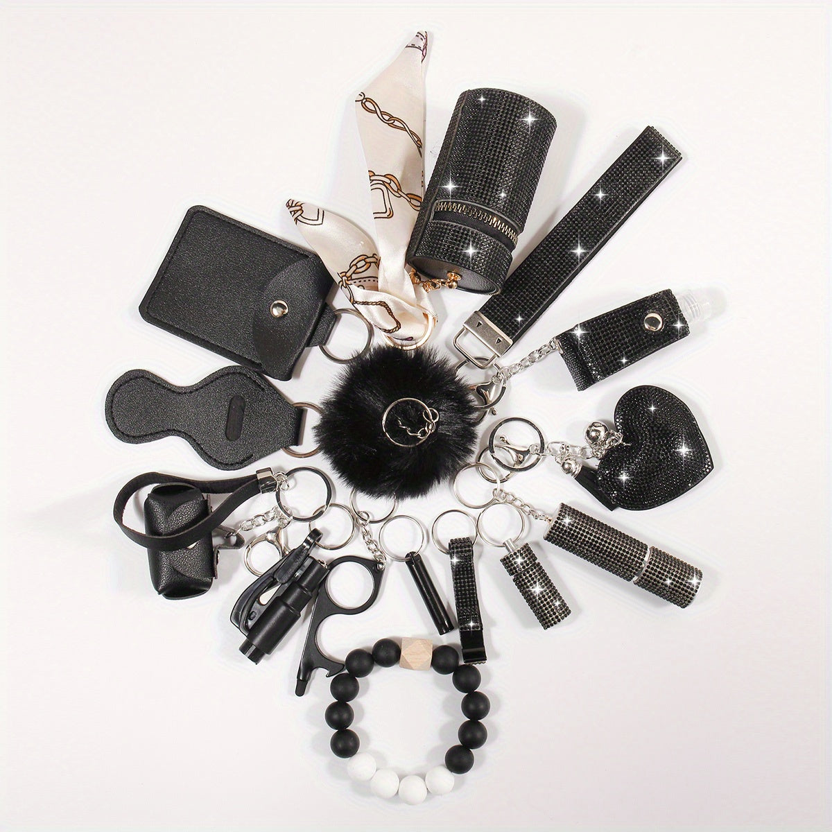 15pcs Rhinestone Safety Keychain Set for Women, Wristlet Keyring with Storage Pouch & Pom Pom Card Holder Accessories Kit
