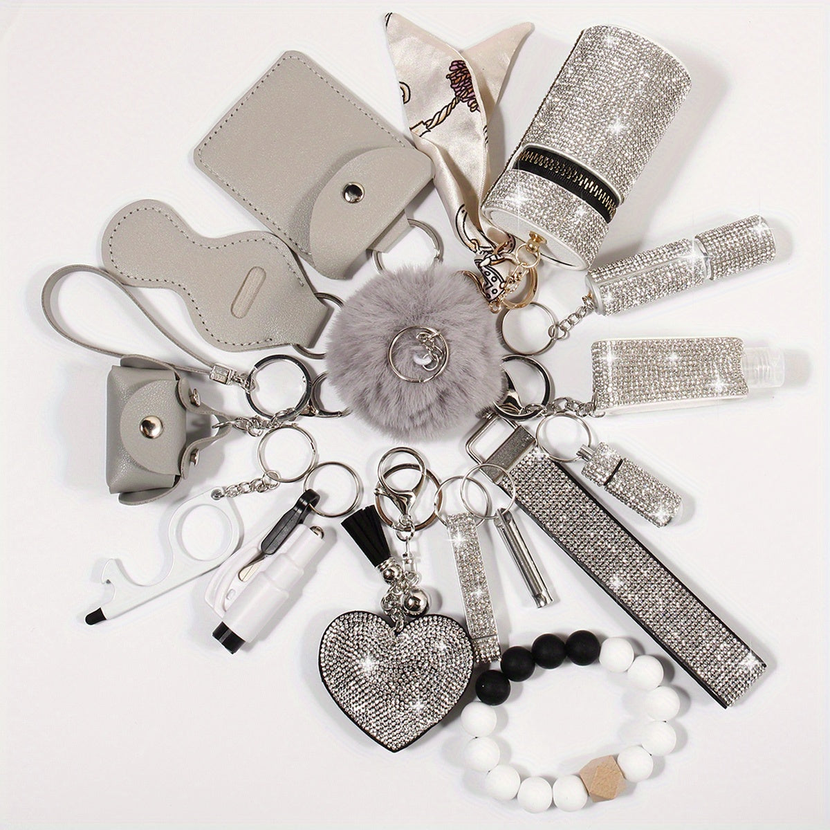 15pcs Rhinestone Safety Keychain Set for Women, Wristlet Keyring with Storage Pouch & Pom Pom Card Holder Accessories Kit