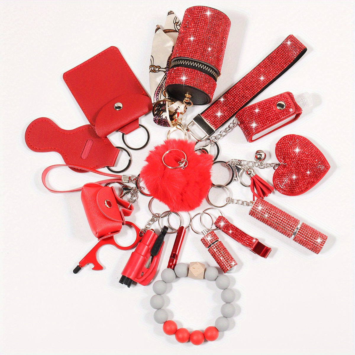 15pcs Rhinestone Safety Keychain Set for Women, Wristlet Keyring with Storage Pouch & Pom Pom Card Holder Accessories Kit