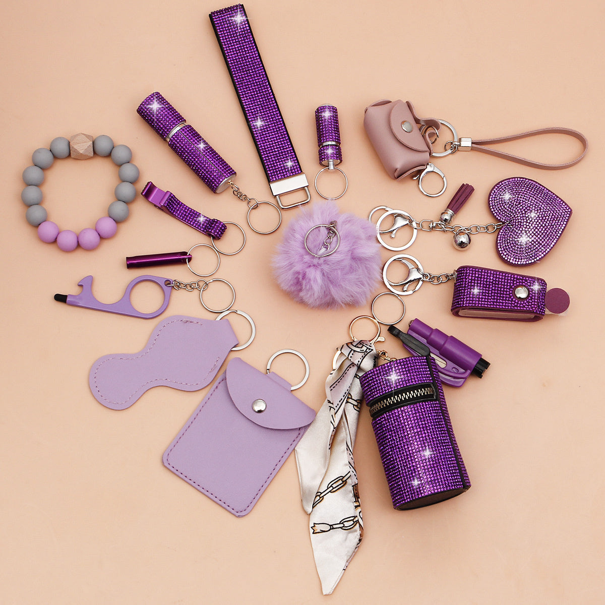 15pcs Rhinestone Safety Keychain Set for Women, Wristlet Keyring with Storage Pouch & Pom Pom Card Holder Accessories Kit