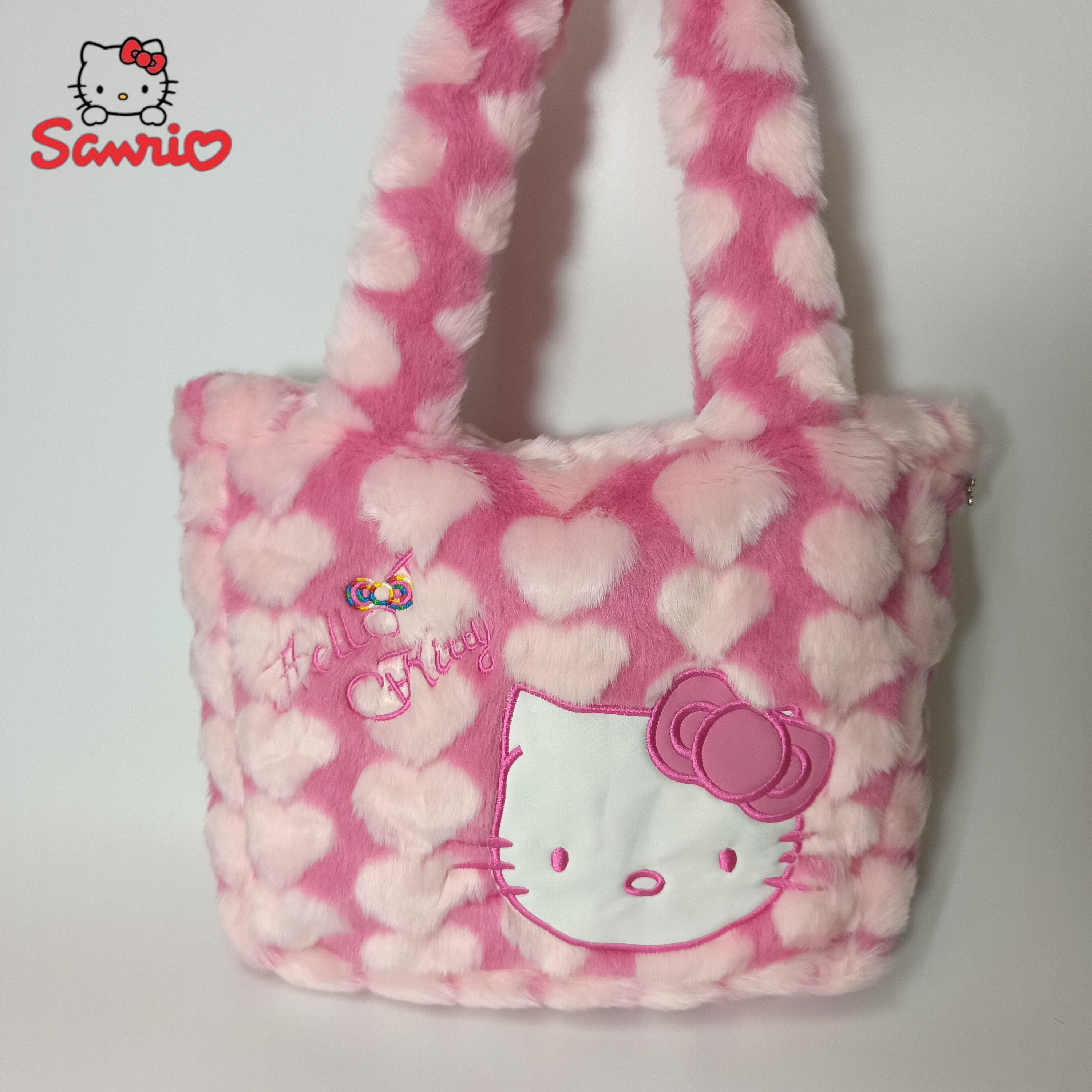 Sanrio Hello Kitty Plush Shoulder Tote Bag - Cute Pink and White Faux Fur Handbag with Cartoon Design, Spacious for Shopping, Travel, and Office Use, Casual Shoulder Bag | Cartoon Style Bag | Cozy Texture