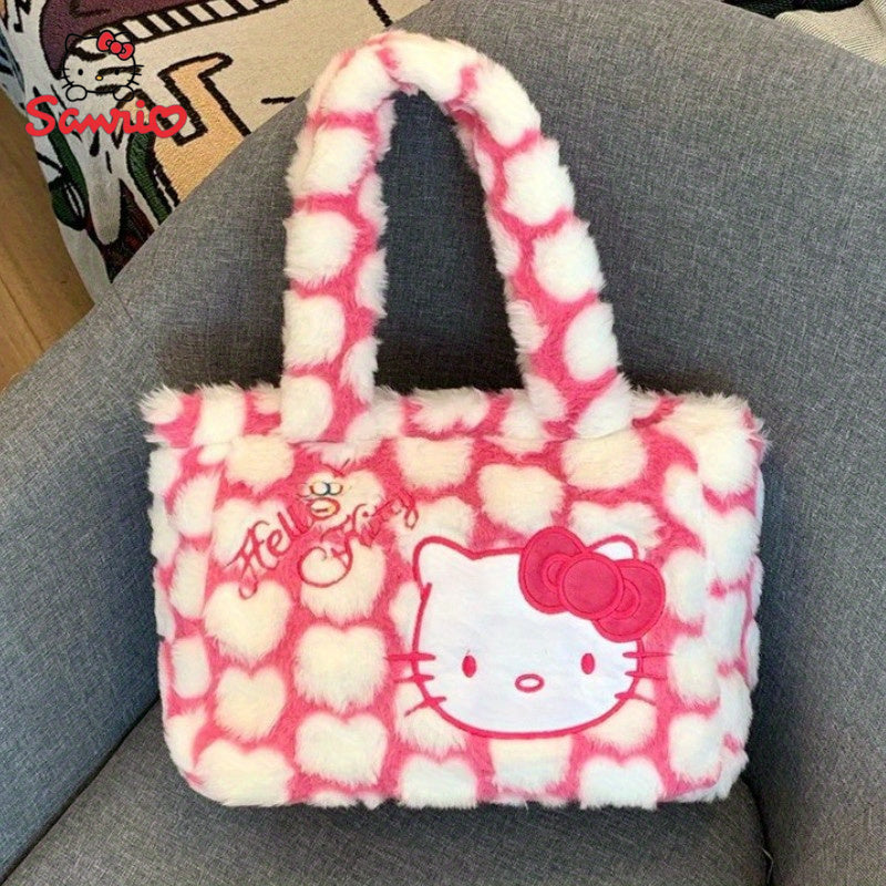 Sanrio Hello Kitty Plush Shoulder Tote Bag - Cute Pink and White Faux Fur Handbag with Cartoon Design, Spacious for Shopping, Travel, and Office Use, Casual Shoulder Bag | Cartoon Style Bag | Cozy Texture