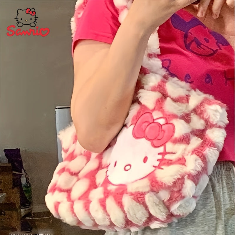 Sanrio Hello Kitty Plush Shoulder Tote Bag - Cute Pink and White Faux Fur Handbag with Cartoon Design, Spacious for Shopping, Travel, and Office Use, Casual Shoulder Bag | Cartoon Style Bag | Cozy Texture