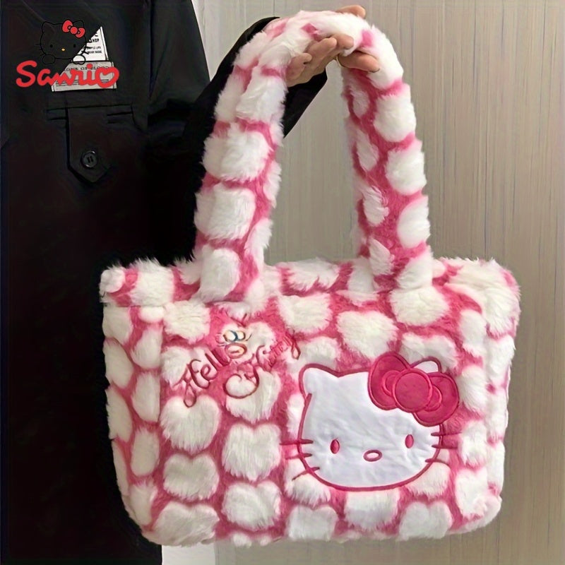 Sanrio Hello Kitty Plush Shoulder Tote Bag - Cute Pink and White Faux Fur Handbag with Cartoon Design, Spacious for Shopping, Travel, and Office Use, Casual Shoulder Bag | Cartoon Style Bag | Cozy Texture