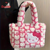 Sanrio Hello Kitty Plush Shoulder Tote Bag - Cute Pink and White Faux Fur Handbag with Cartoon Design, Spacious for Shopping, Travel, and Office Use, Casual Shoulder Bag | Cartoon Style Bag | Cozy Texture