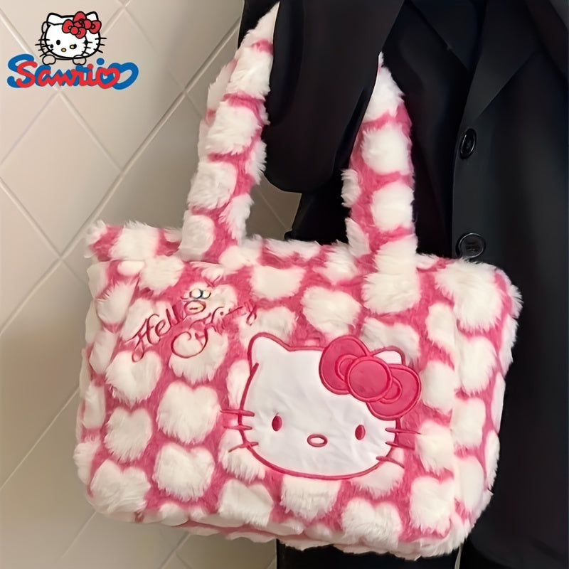 Sanrio Hello Kitty Plush Shoulder Tote Bag - Cute Pink and White Faux Fur Handbag with Cartoon Design, Spacious for Shopping, Travel, and Office Use, Casual Shoulder Bag | Cartoon Style Bag | Cozy Texture