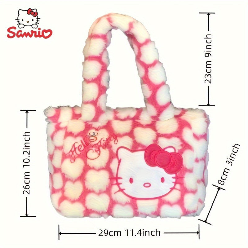 Sanrio Hello Kitty Plush Shoulder Tote Bag - Cute Pink and White Faux Fur Handbag with Cartoon Design, Spacious for Shopping, Travel, and Office Use, Casual Shoulder Bag | Cartoon Style Bag | Cozy Texture