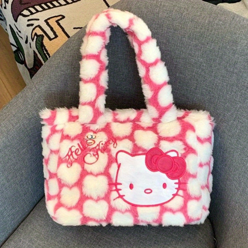 Sanrio Hello Kitty Plush Shoulder Tote Bag - Cute Pink and White Faux Fur Handbag with Cartoon Design, Spacious for Shopping, Travel, and Office Use, Casual Shoulder Bag | Cartoon Style Bag | Cozy Texture