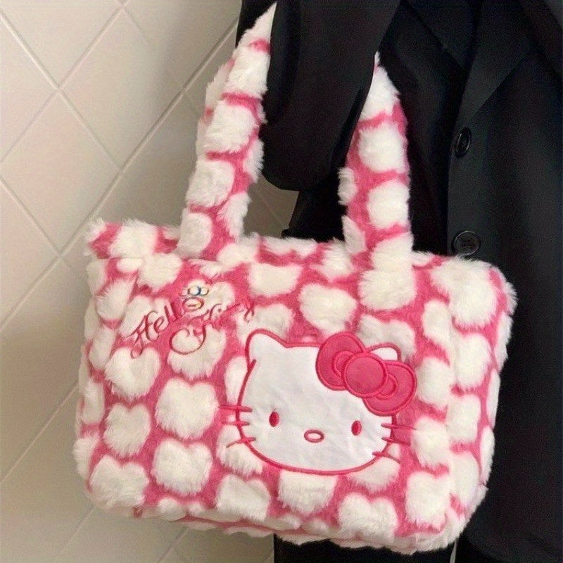 Sanrio Hello Kitty Plush Shoulder Tote Bag - Cute Pink and White Faux Fur Handbag with Cartoon Design, Spacious for Shopping, Travel, and Office Use, Casual Shoulder Bag | Cartoon Style Bag | Cozy Texture