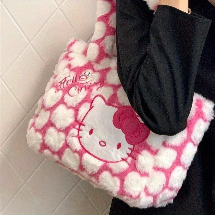 Sanrio Hello Kitty Plush Shoulder Tote Bag - Cute Pink and White Faux Fur Handbag with Cartoon Design, Spacious for Shopping, Travel, and Office Use, Casual Shoulder Bag | Cartoon Style Bag | Cozy Texture