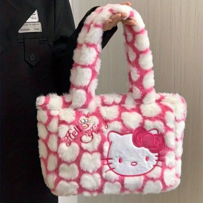Sanrio Hello Kitty Plush Shoulder Tote Bag - Cute Pink and White Faux Fur Handbag with Cartoon Design, Spacious for Shopping, Travel, and Office Use, Casual Shoulder Bag | Cartoon Style Bag | Cozy Texture
