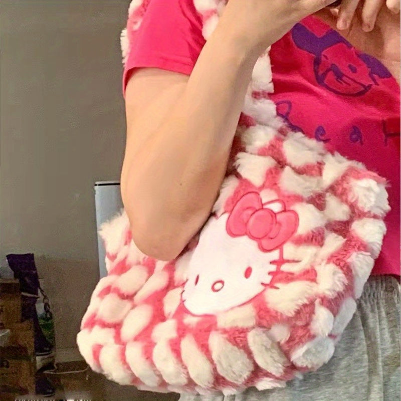 Sanrio Hello Kitty Plush Shoulder Tote Bag - Cute Pink and White Faux Fur Handbag with Cartoon Design, Spacious for Shopping, Travel, and Office Use, Casual Shoulder Bag | Cartoon Style Bag | Cozy Texture
