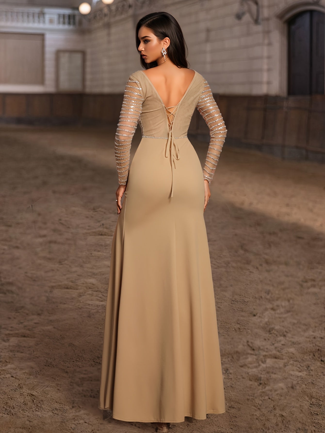 Women's Elegant Long Sleeve Sequin V-Neck Bodycon Mermaid Evening Gown with High Slit - Beige Formal Party Dress for Galas, Weddings & Proms