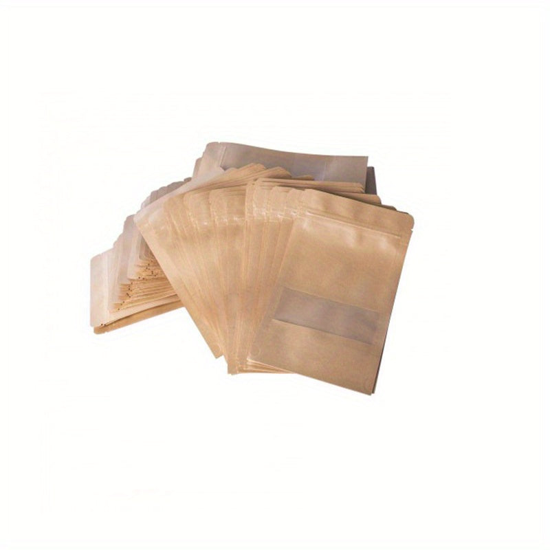 100pcs Self-Sealing Kraft Paper Stand Up Pouches - Durable, Leak-Proof Storage Bags for Kitchen Essentials, Snacks, and More, Kitchen Organization | Neutral Aesthetic | Easyopen Pouches, Paper Storage Bins