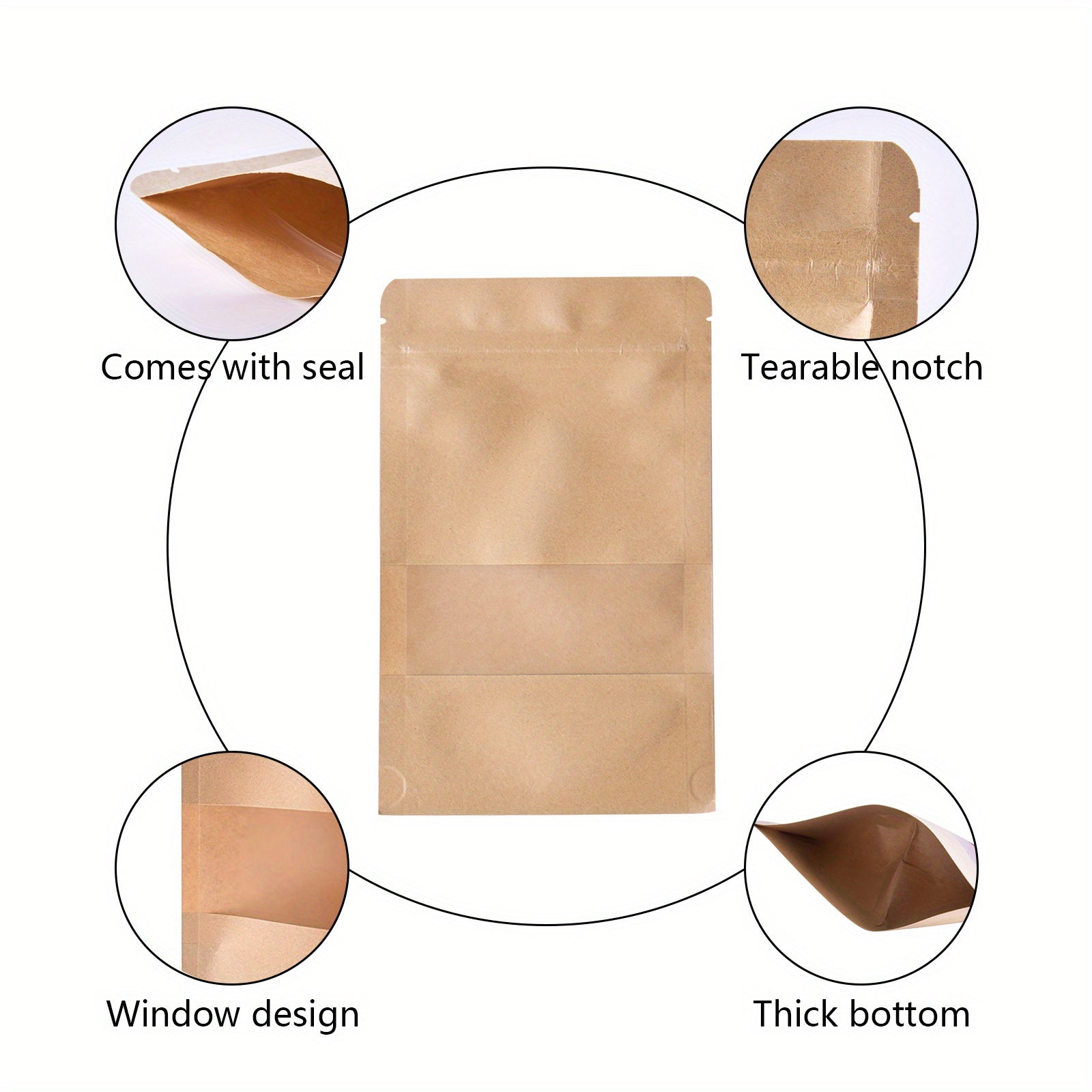 100pcs Self-Sealing Kraft Paper Stand Up Pouches - Durable, Leak-Proof Storage Bags for Kitchen Essentials, Snacks, and More, Kitchen Organization | Neutral Aesthetic | Easyopen Pouches, Paper Storage Bins