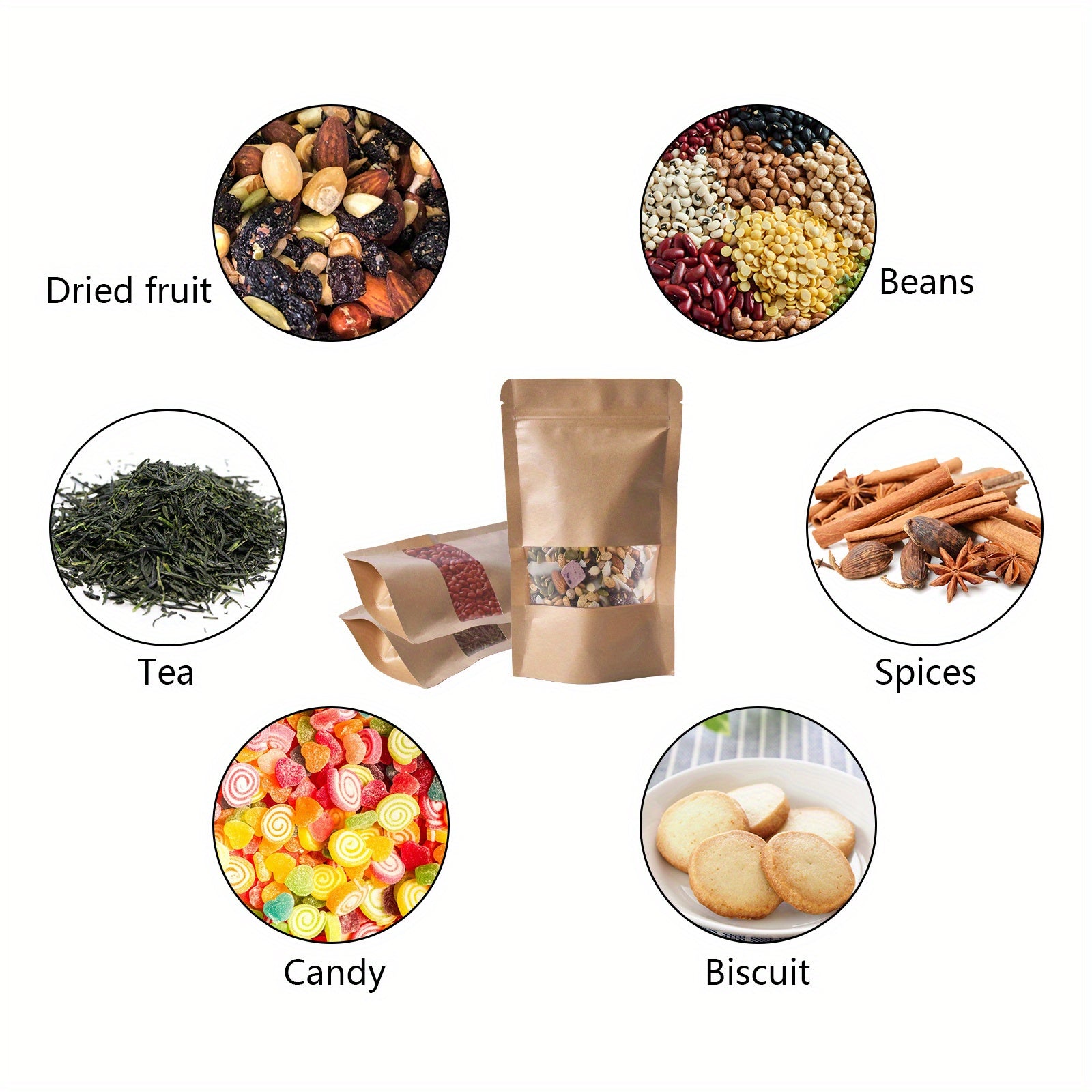 100pcs Self-Sealing Kraft Paper Stand Up Pouches - Durable, Leak-Proof Storage Bags for Kitchen Essentials, Snacks, and More, Kitchen Organization | Neutral Aesthetic | Easyopen Pouches, Paper Storage Bins