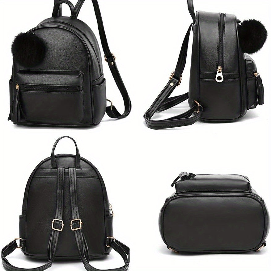 Mini Backpack Purse for Girls Teens Women Purses PU Leather Pom Backpack Shoulder Bag with Charm Tassel